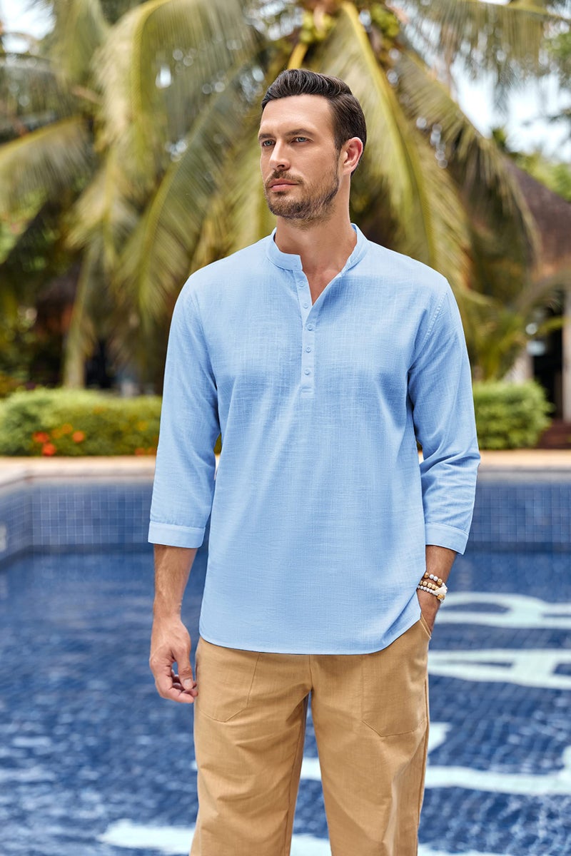 Karlywindow Mens Linen Henley Shirts Long Sleeve Hippie Yoga Summer Beach Casual Henleys T-Shirt Blue - Image 2